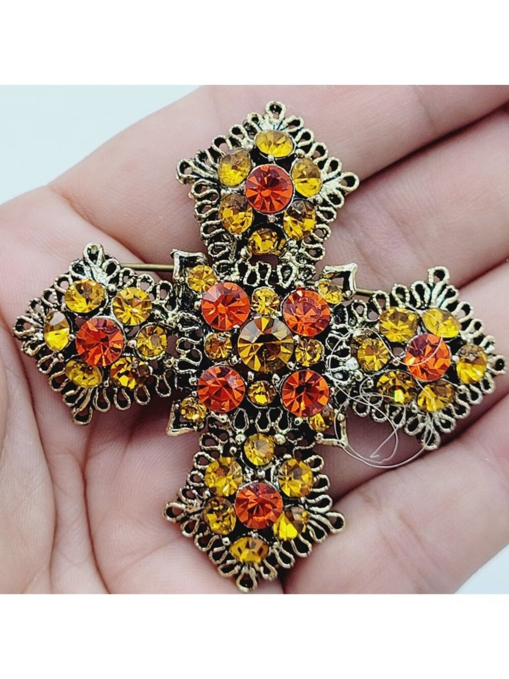 Vintage Maltese Cross Brooch Filigree Gold Tone Orange Rhinestones 2.25"